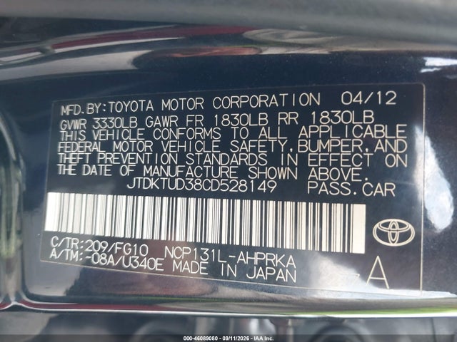 Aukcja sprzedaży 2012 Toyota Yaris L, vin: JTDKTUD38CD528149, numer aukcji: 46089080