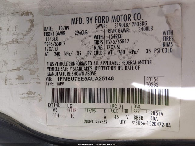 Aukcja sprzedaży 2010 Ford Explorer Eddie Bauer, vin: 1FMEU7EE5AUA25148, numer aukcji: 46089081