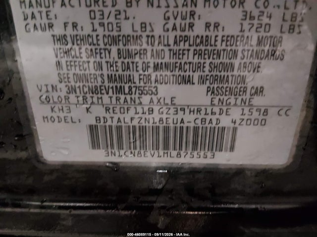46089115 :رقم المزاد ، 3N1CN8EV1ML875553 vin ، 2021 Nissan Versa Sv Xtronic Cvt مزاد بيع