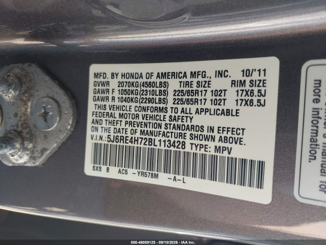 Aukcja sprzedaży 2011 Honda Cr-v Ex-l, vin: 5J6RE4H72BL113428, numer aukcji: 46089125
