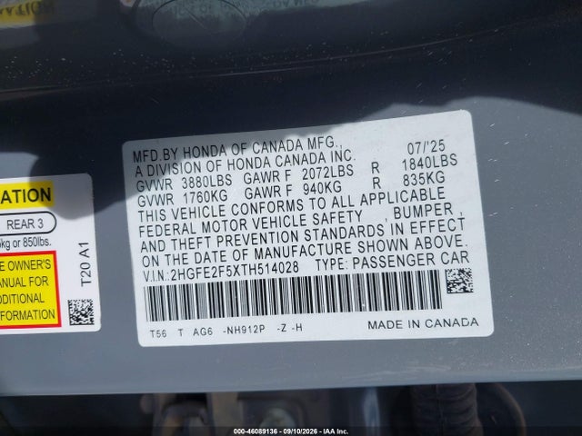 Продажа на аукционе авто 2026 Honda Civic Sport, vin: 2HGFE2F5XTH514028, номер лота: 46089136