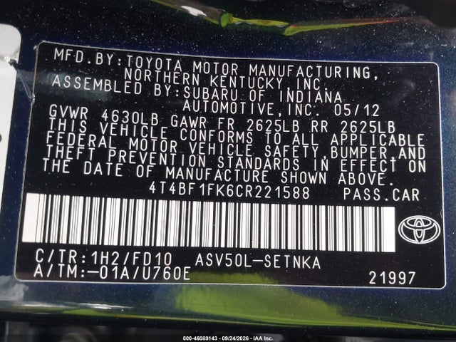 46089143 :رقم المزاد ، 4T4BF1FK6CR221588 vin ، 2012 Toyota Camry Le مزاد بيع