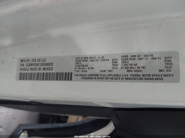 Auction sale of the 2025 Ram Promaster 3500 Tradesman High Roof 159 Wb W/pass Seat, vin: 3C6MRVHG1SE548970, lot number: 46089145