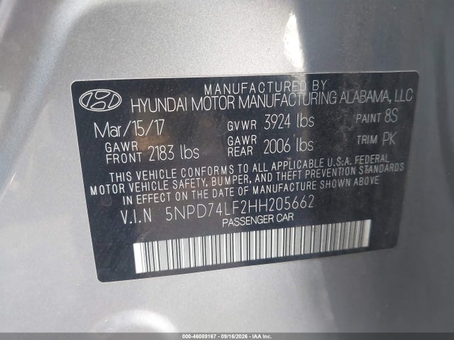 46089167 :رقم المزاد ، 5NPD74LF2HH205662 vin ، 2017 Hyundai Elantra Se مزاد بيع