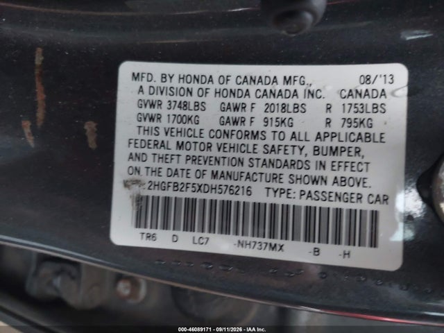Продаж на аукціоні авто 2013 Honda Civic Lx, vin: 2HGFB2F5XDH576216, номер лоту: 46089171