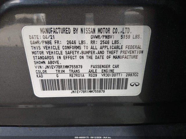 Aukcja sprzedaży 2021 Infiniti Q50 Luxe Awd, vin: JN1EV7BR1MM755879, numer aukcji: 46089175