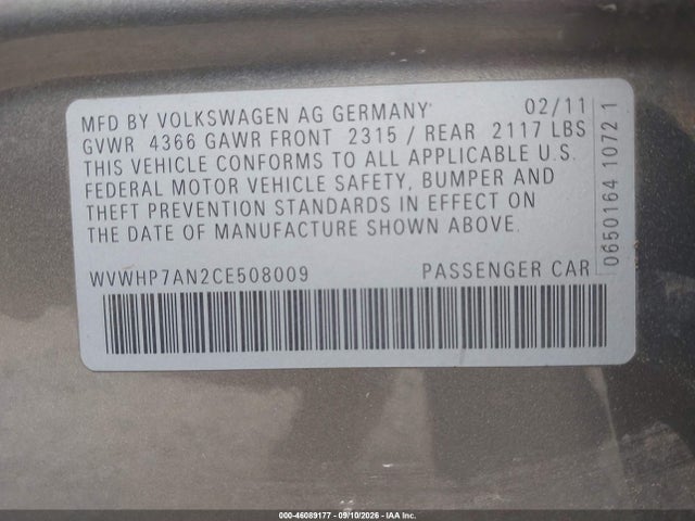 46089177 :رقم المزاد ، WVWHP7AN2CE508009 vin ، 2012 Volkswagen Cc Lux مزاد بيع