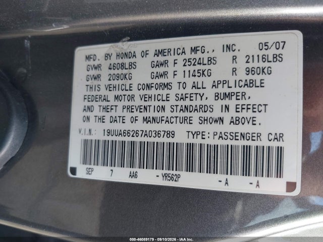 2007 Acura Tl 3.2 მანქანა იყიდება აუქციონზე, vin: 19UUA66267A036789, აუქციონის ნომერი: 46089179