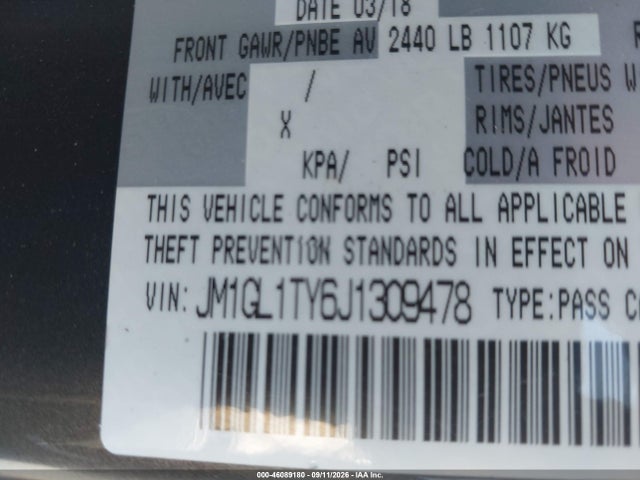 46089180 :رقم المزاد ، JM1GL1TY6J1309478 vin ، 2018 Mazda Mazda6 Grand Touring مزاد بيع