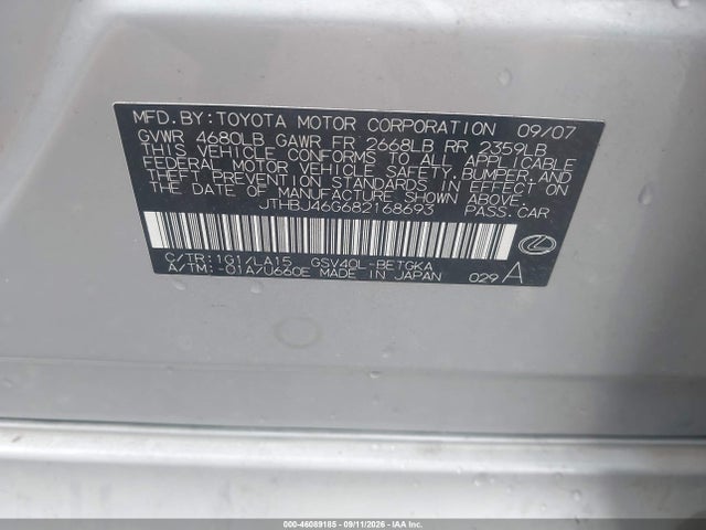 Aukcja sprzedaży 2008 Lexus Es 350, vin: JTHBJ46G682168693, numer aukcji: 46089185