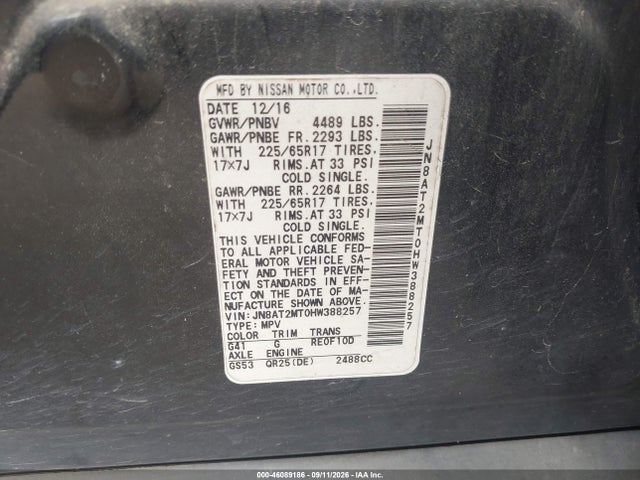 46089186 :رقم المزاد ، JN8AT2MT0HW388257 vin ، 2017 Nissan Rogue S مزاد بيع