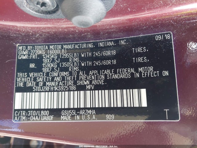 Продажа на аукционе авто 2019 Toyota Highlander Xle, vin: 5TDJZRFH1KS925186, номер лота: 46089189