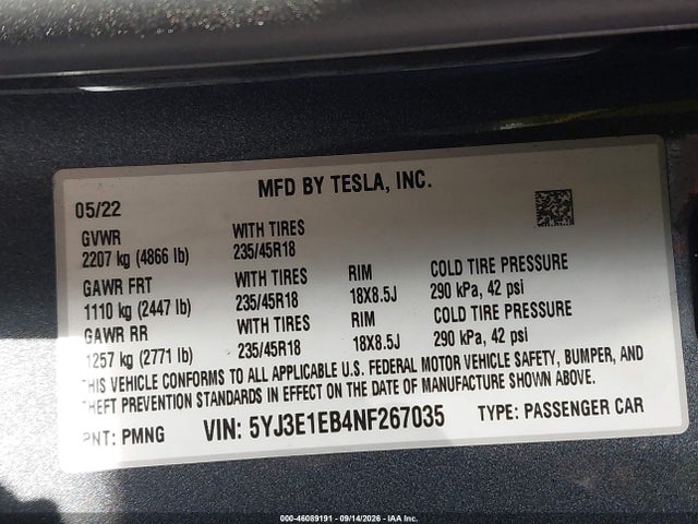 Продаж на аукціоні авто 2022 Tesla Model 3 Long Range Dual Motor All-wheel Drive, vin: 5YJ3E1EB4NF267035, номер лоту: 46089191