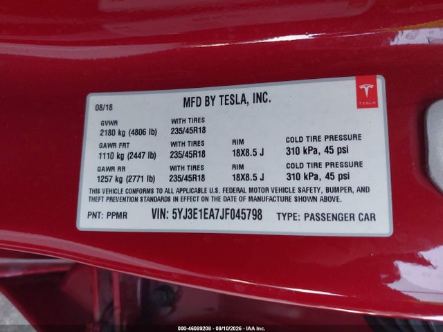 Tesla Model 3 Long Range/mid Range 2018 5YJ3E1EA7JF045798 Image 9
