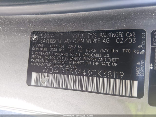 Продажа на аукционе авто 2003 Bmw 530ia, vin: WBADT63443CK38119, номер лота: 46089219