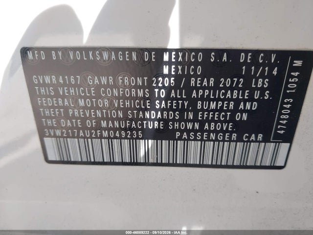 2015 Volkswagen Golf Tsi S 4-door მანქანა იყიდება აუქციონზე, vin: 3VW217AU2FM049235, აუქციონის ნომერი: 46089222
