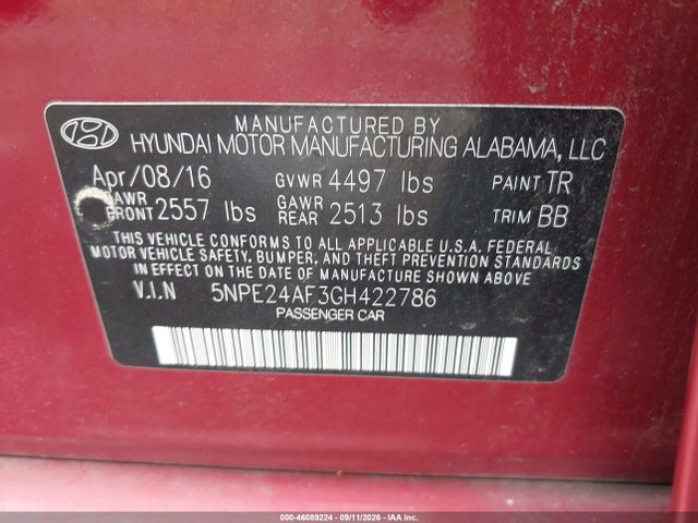 Продажа на аукционе авто 2016 Hyundai Sonata Se, vin: 5NPE24AF3GH422786, номер лота: 46089224