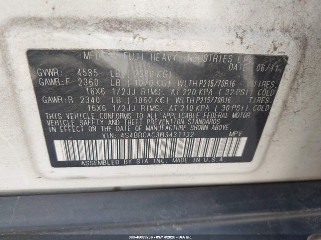 46089236 :رقم المزاد ، 4S4BRCAC3B3431132 vin ، 2011 Subaru Outback 2.5i مزاد بيع