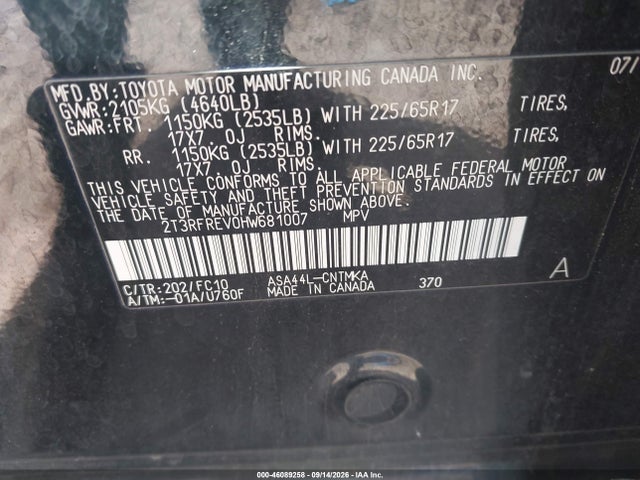 2T3RFREV0HW681007 Toyota Rav4 Xle