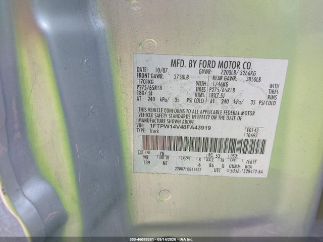 Aukcja sprzedaży 2008 Ford F-150 60th Anniversary/fx4/king Ranch/lariat/xlt, vin: 1FTPW14V48FA43919, numer aukcji: 46089261