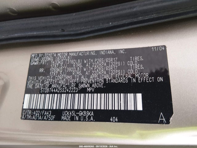 2005 Toyota Sequoia Sr5 V8 მანქანა იყიდება აუქციონზე, vin: 5TDBT44A25S242223, აუქციონის ნომერი: 46089265