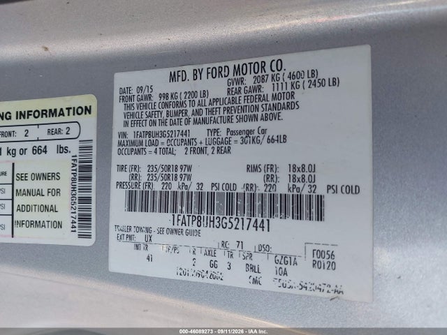 46089273 :رقم المزاد ، 1FATP8UH3G5217441 vin ، 2016 Ford Mustang Ecoboost Premium مزاد بيع
