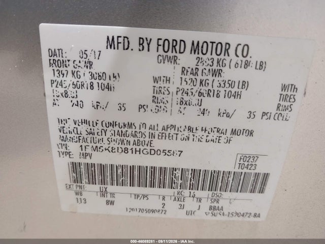 46089281 :رقم المزاد ، 1FM5K8D81HGD05567 vin ، 2017 Ford Explorer Xlt مزاد بيع