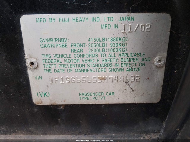Aukcja sprzedaży 2003 Subaru Forester Xs, vin: JF1SG65653H748632, numer aukcji: 46089283