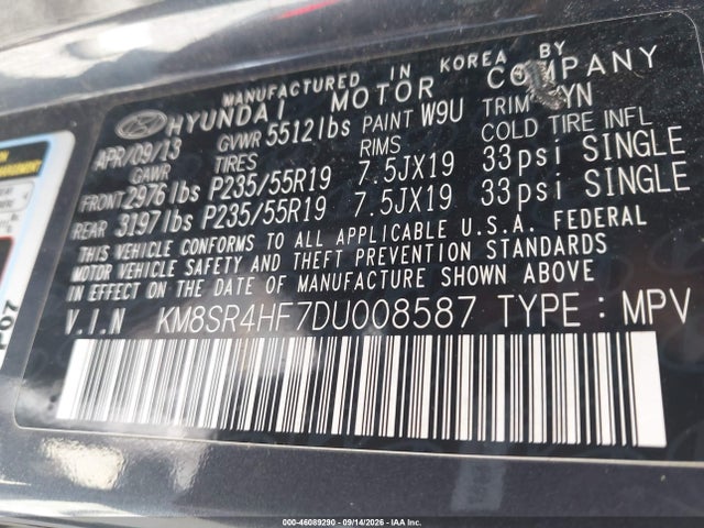 2013 Hyundai Santa Fe Limited მანქანა იყიდება აუქციონზე, vin: KM8SR4HF7DU008587, აუქციონის ნომერი: 46089290