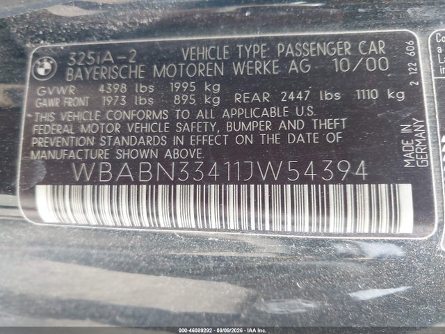 2001 Bmw 325ci მანქანა იყიდება აუქციონზე, vin: WBABN33411JW54394, აუქციონის ნომერი: 46089292
