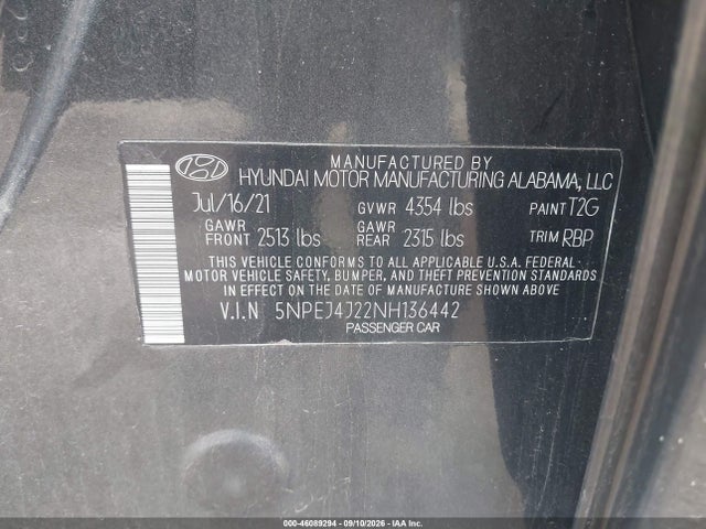 Продаж на аукціоні авто 2022 Hyundai Sonata Sel Plus, vin: 5NPEJ4J22NH136442, номер лоту: 46089294