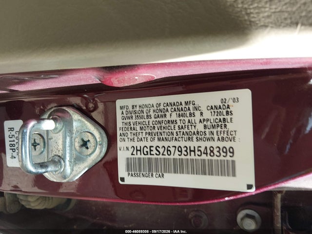 46089308 :رقم المزاد ، 2HGES26793H548399 vin ، 2003 Honda Civic Ex مزاد بيع