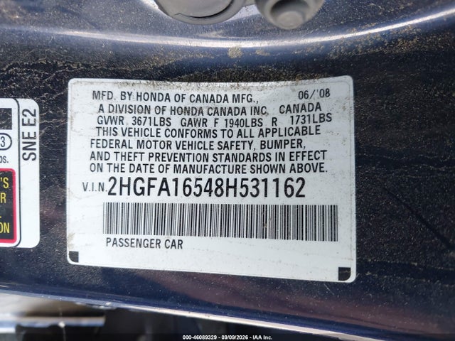 2008 Honda Civic Lx მანქანა იყიდება აუქციონზე, vin: 2HGFA16548H531162, აუქციონის ნომერი: 46089329