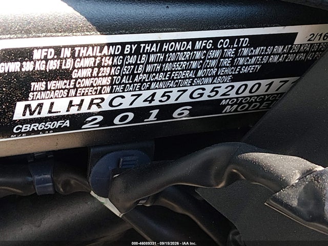 46089331 :رقم المزاد ، MLHRC7457G5200171 vin ، 2016 Honda Cbr650 Fa مزاد بيع