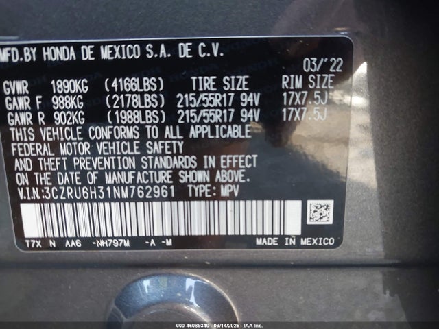 Aukcja sprzedaży 2022 Honda Hr-v Awd Lx, vin: 3CZRU6H31NM762961, numer aukcji: 46089340