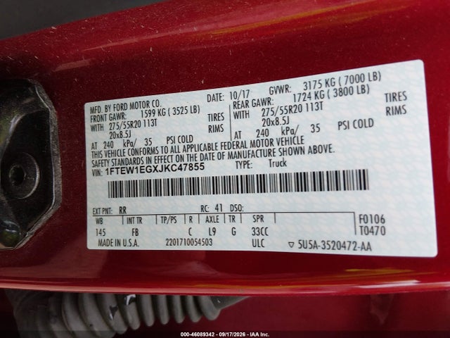 46089342 :رقم المزاد ، 1FTEW1EGXJKC47855 vin ، 2018 Ford F-150 Xlt مزاد بيع
