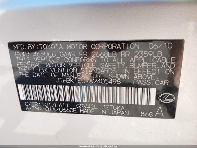 Aukcja sprzedaży 2010 Lexus Es 350, vin: JTHBK1EG7A2405498, numer aukcji: 46089368