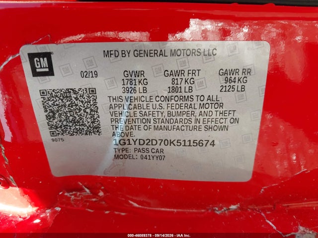 46089378 :رقم المزاد ، 1G1YD2D70K5115674 vin ، 2019 Chevrolet Corvette Stingray مزاد بيع