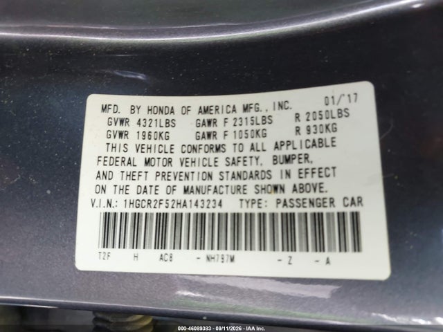 Продаж на аукціоні авто 2017 Honda Accord Sport, vin: 1HGCR2F52HA143234, номер лоту: 46089383