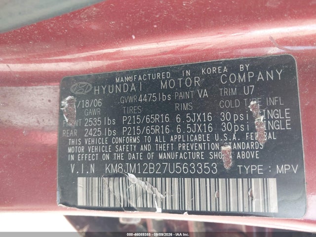 2007 Hyundai Tucson Gls მანქანა იყიდება აუქციონზე, vin: KM8JM12B27U563353, აუქციონის ნომერი: 46089385