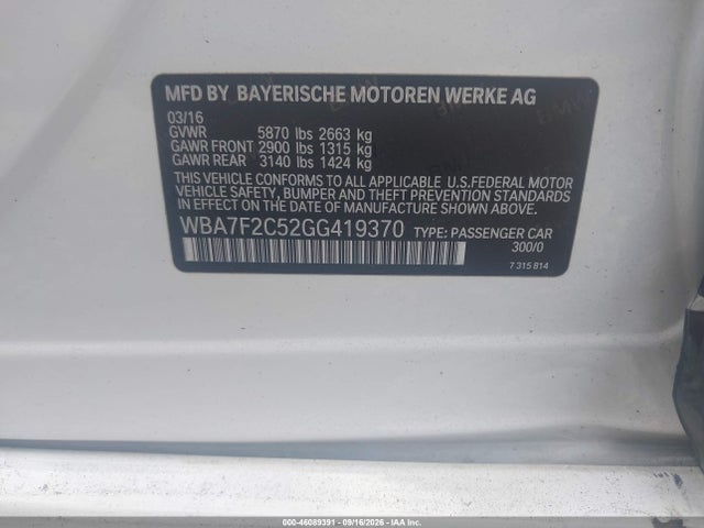 46089391 :رقم المزاد ، WBA7F2C52GG419370 vin ، 2016 Bmw 750i Xdrive مزاد بيع