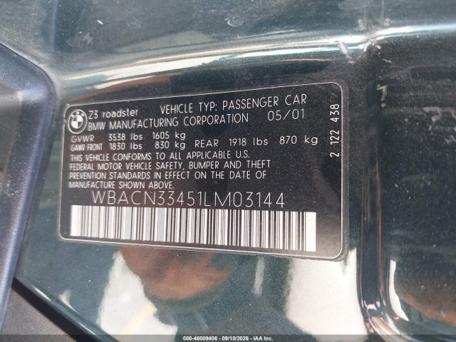 46089406 :رقم المزاد ، WBACN33451LM03144 vin ، 2001 Bmw Z3 2.5i مزاد بيع