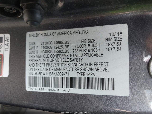Honda Cr-v Ex-l 2019 5J6RW1H87KA002471 Image 9
