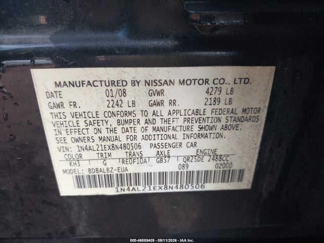 46089409 :رقم المزاد ، 1N4AL21EX8N480506 vin ، 2008 Nissan Altima 2.5 S مزاد بيع
