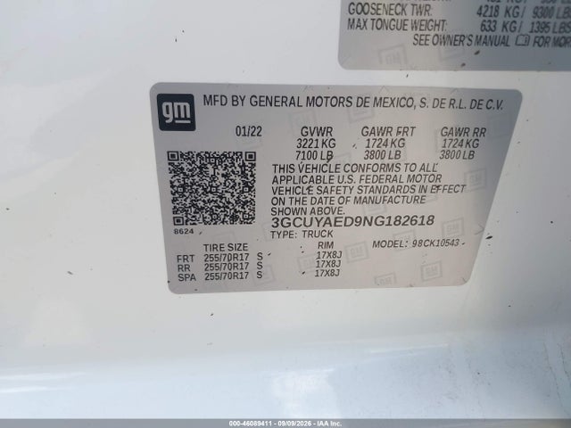 Продаж на аукціоні авто 2022 Chevrolet Silverado 1500 Ltd 4wd  Short Bed Wt, vin: 3GCUYAED9NG182618, номер лоту: 46089411