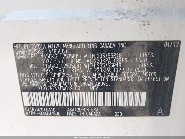 Auction sale of the 2013 Toyota Rav4 Limited, vin: 2T3YFREV4DW019100, lot number: 46089413