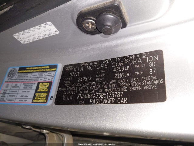 Продаж на аукціоні авто 2011 Kia Optima Lx, vin: KNAGM4A75B5175787, номер лоту: 46089422