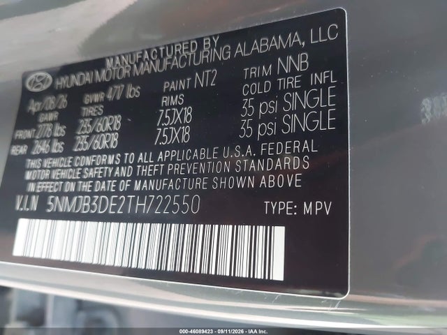 Aukcja sprzedaży 2026 Hyundai Tucson Sel, vin: 5NMJB3DE2TH722550, numer aukcji: 46089423
