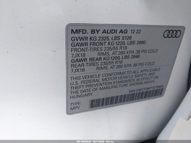 Продаж на аукціоні авто 2023 Audi Q3 Premium 45 Tfsi S Line Quattro Tiptronic, vin: WA1DECF36P1075905, номер лоту: 46089448