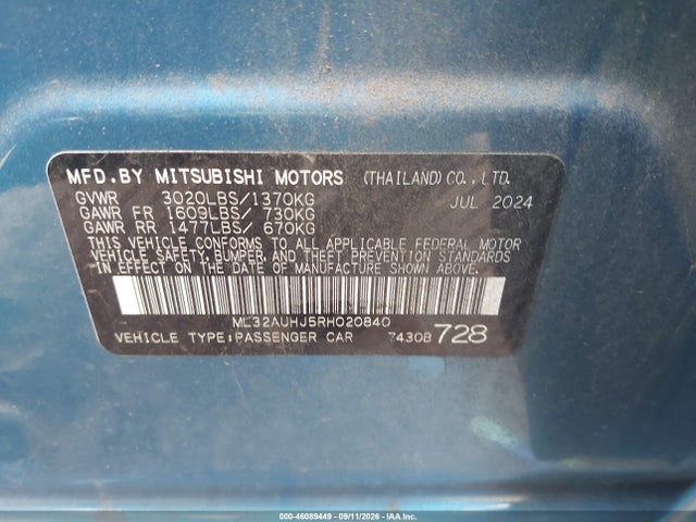 2024 Mitsubishi Mirage Es/le მანქანა იყიდება აუქციონზე, vin: ML32AUHJ5RH020840, აუქციონის ნომერი: 46089449